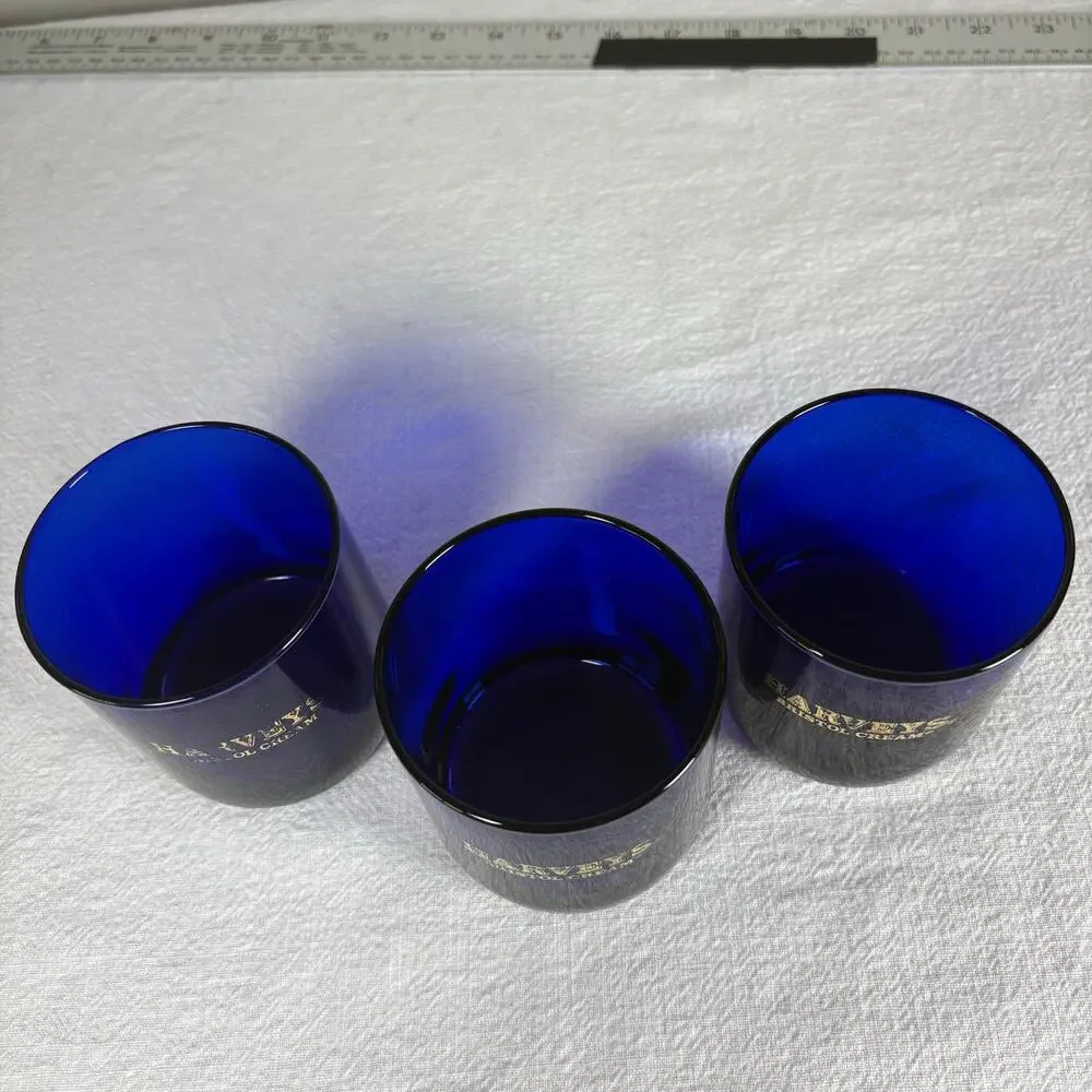 Vintage Harvey’s Bristol Cream Cobalt Blue Rocks Glasses Set of 3 Gold Logo